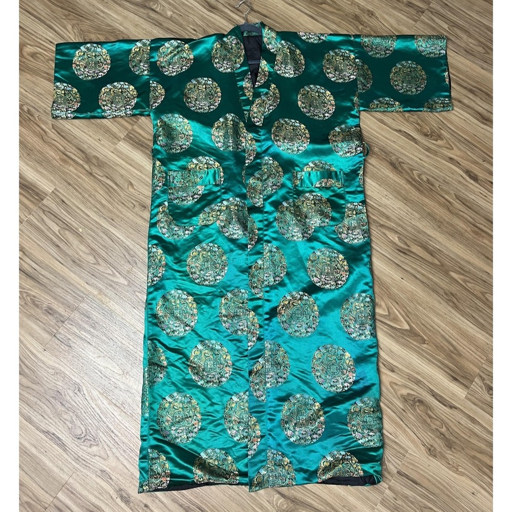 VTG Old Shanghai Robe Men's OS Green Black Reversible Dragon Phoenix Kimono